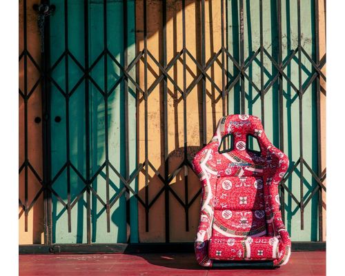 NRG Frp Bucket Seat Prisma- Oriental Longivity Plate ed In Vegan Material Gold Pearlized Back Plus Phone Pockets Large