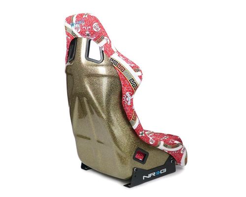 NRG Frp Bucket Seat Prisma- Oriental Longivity Plate ed In Vegan Material Gold Pearlized Back Plus Phone Pockets Large