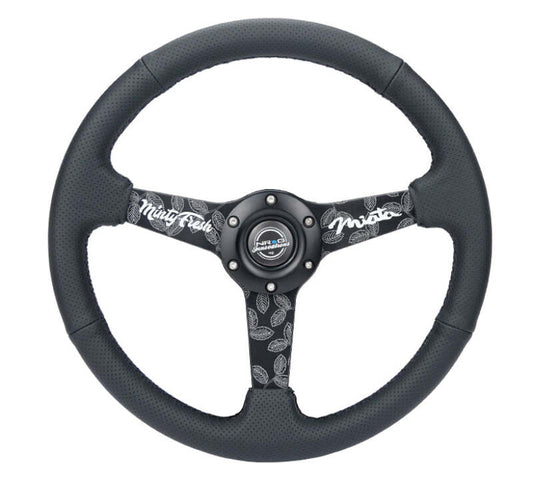 NRG Reinforced Black Perforated Leather Steering Wheel 350mm / 1.5in Deep w/ Goal Digger Blk Stitch