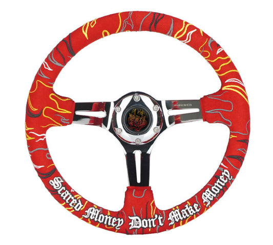 NRG Reinforced Steering Wheel R Litteral Sig 3in Deep/5mm Chrome Spoke - Red Alcantara w/ Red Stitch
