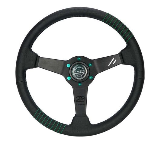 NRG Steering Wheel 1.5in Dish 350mm Black Perforated Leather - Emerald Stitching - Reinforced Spoke