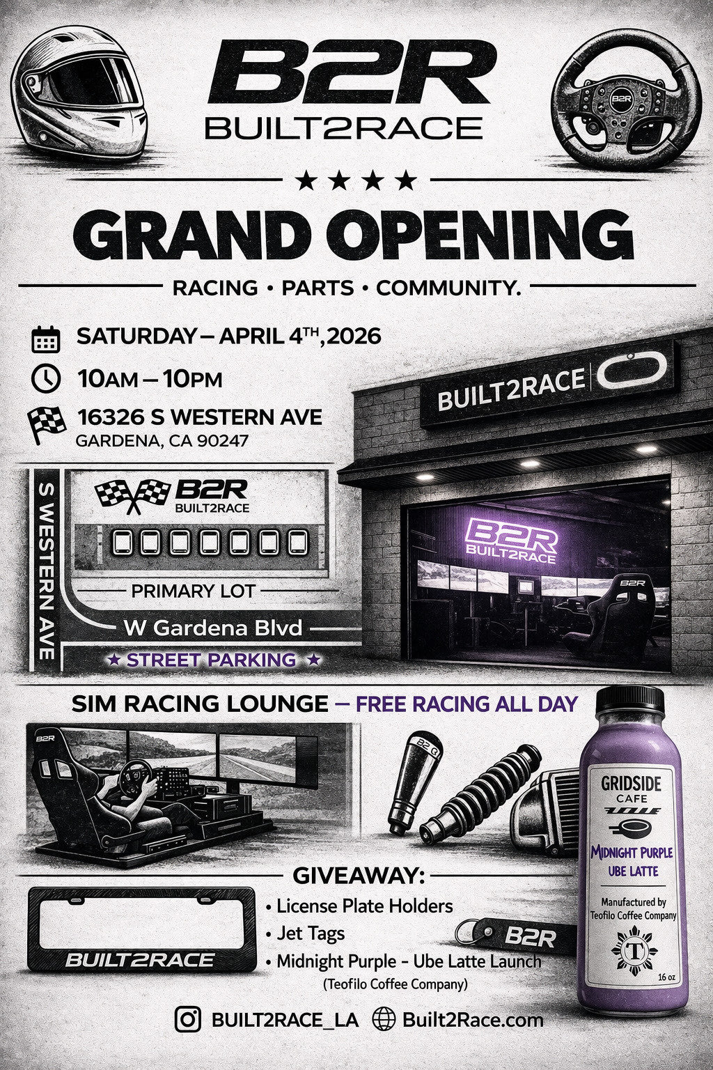 Advertisement for B2R Built2Race Grand Opening with racing-themed elements.
