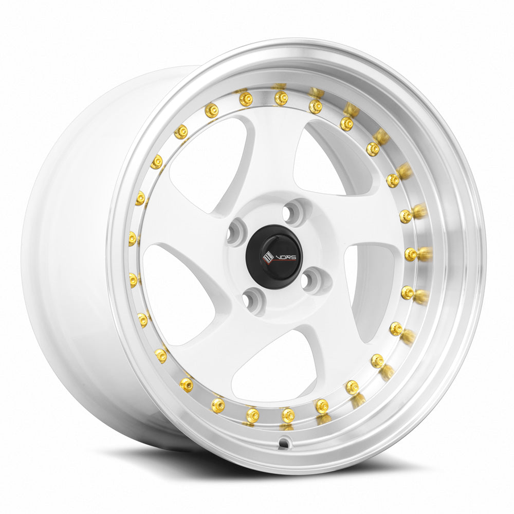 Vors VR2 15x8 4x100 20 White Machine Lip Gold Rivet