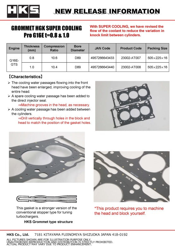 HKS Grommet Head Gasket Super Cooling ProG16E T 0.8