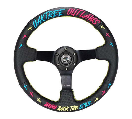 NRG Reinforced Steering Wheel - Oak Tree Outlaws 3in Deep/5mm Blk Spoke 350mm Wheel - Blk Perf Lthr