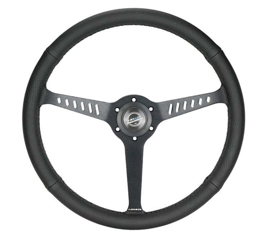 NRG Reinforced Stealth Wheel (380mm) 3 Spoke Center 1in Deep Dish - Perforated Leather Black Stitch