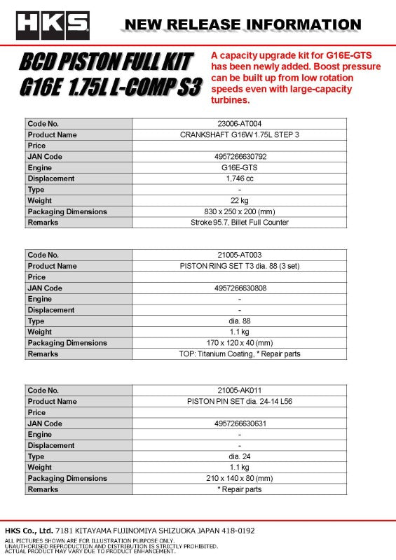 HKS BCD Piston Kit G16E 1.75L L-Comp S3 D88
